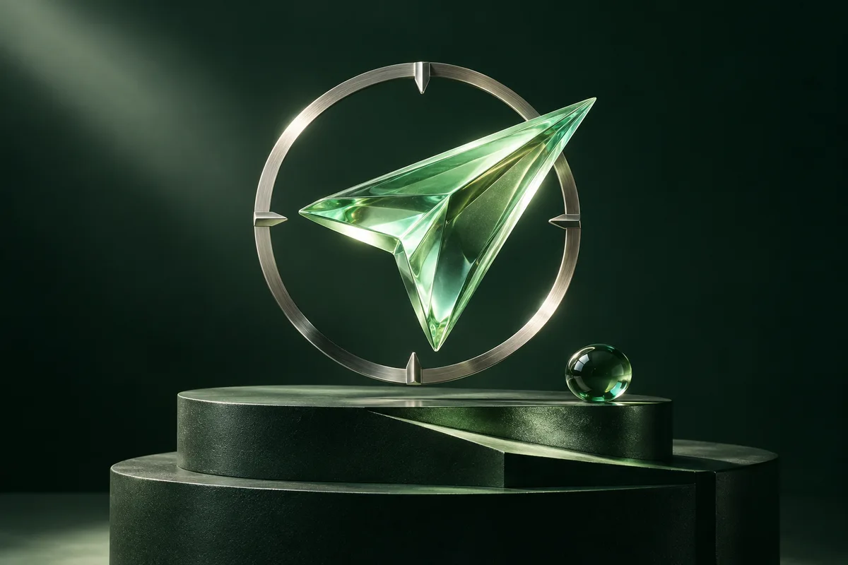 Escultura de bússola com seta de vidro verde, simbolizando um novo rumo para suas finanças